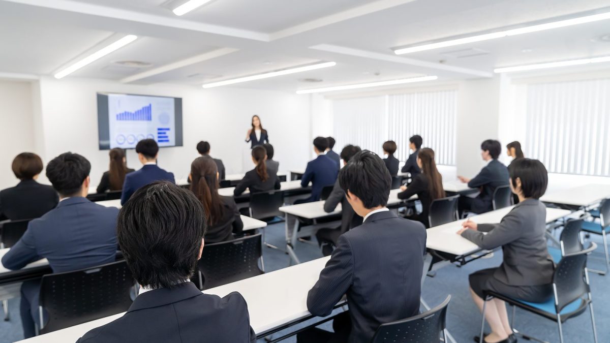 大人数に向けてプレゼンをする女性