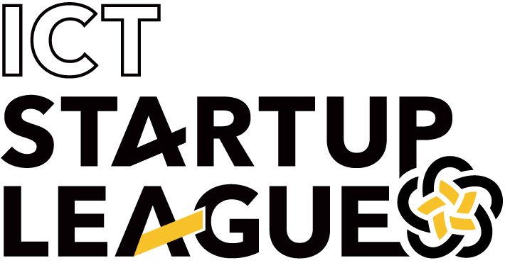 「ICT STARTUP LEAGUE」の公式ロゴ。最上段に白抜きの「ICT」、中段に黒の「STARTUP」、下段に黒の「LEAGUE」が3段で配置されている。下段の「LEAGUE」の「E」には黄色の斜めラインが重なり、その右隣には、黒と黄色の幾何学的で万華鏡のようなエンブレム(シンボルマーク)が配置されている。白背景。