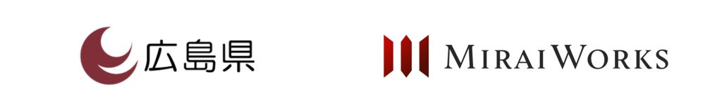 広島県のロゴマークと、みらいワークスの企業ロゴマークの並び。左側に広島県章、右側にみらいワークスの企業ロゴマーク