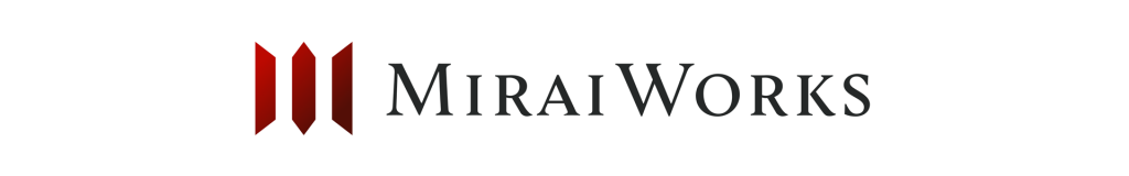 株式会社みらいワークスのコーポレートロゴ（赤色のシンボルマークと「MIRAIWORKS」のテキスト